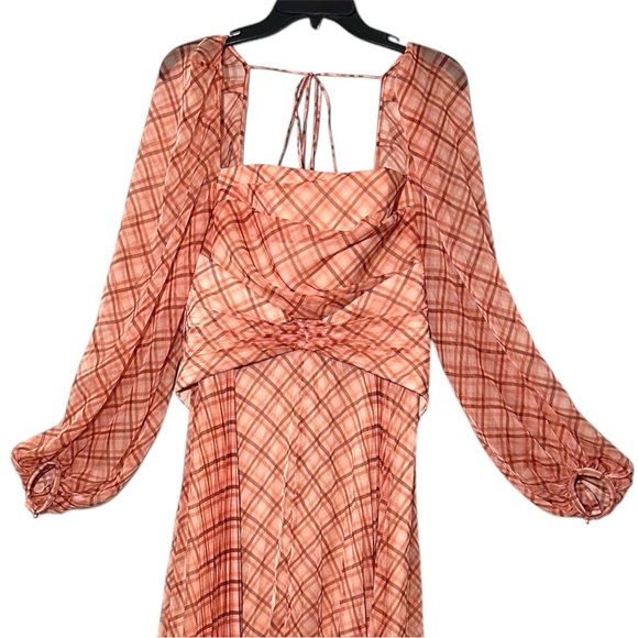 NWT Acler Mattison Pleated Plaid Chiffon Maxi Dress in Peach Size 6 Chic Retro - Picture 5 of 15